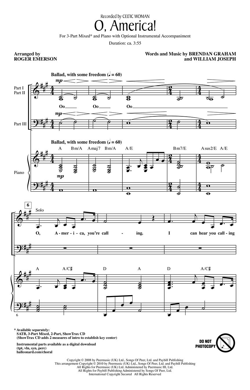 Brendan Graham: O  America!: 3-Part Choir: Vocal Score