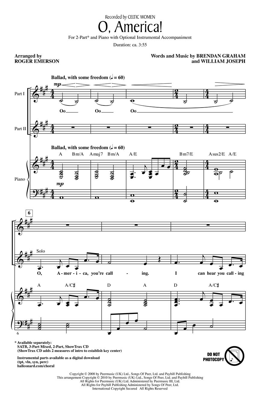 Brendan Graham: O  America!: 2-Part Choir: Vocal Score