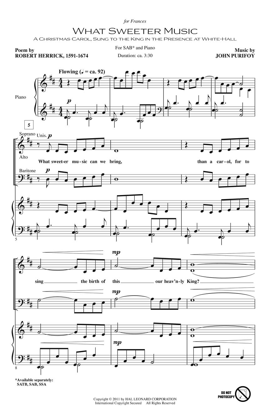 John Purifoy: What Sweeter Music: SAB: Vocal Score