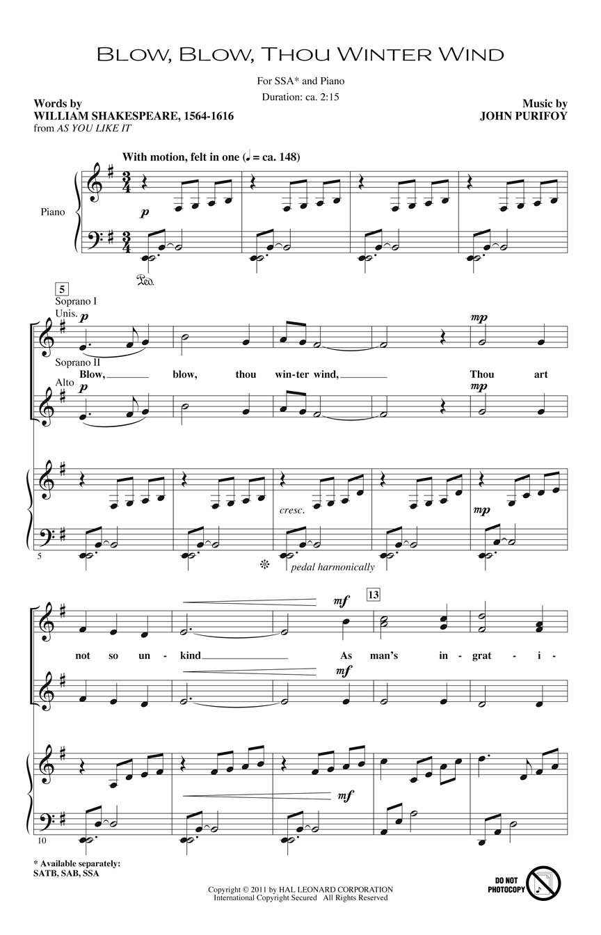 John Purifoy: Blow  Blow  Thou Winter Wind: SSA: Vocal Score