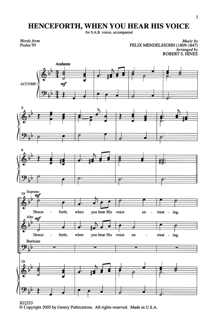 Felix Mendelssohn Bartholdy: Henceforth  When You Hear His Voice: SAB: Vocal