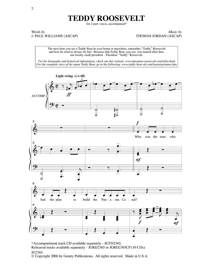 J. Paul Williams Tom Jordan: Teddy Roosevelt: Mixed Choir: Vocal Score