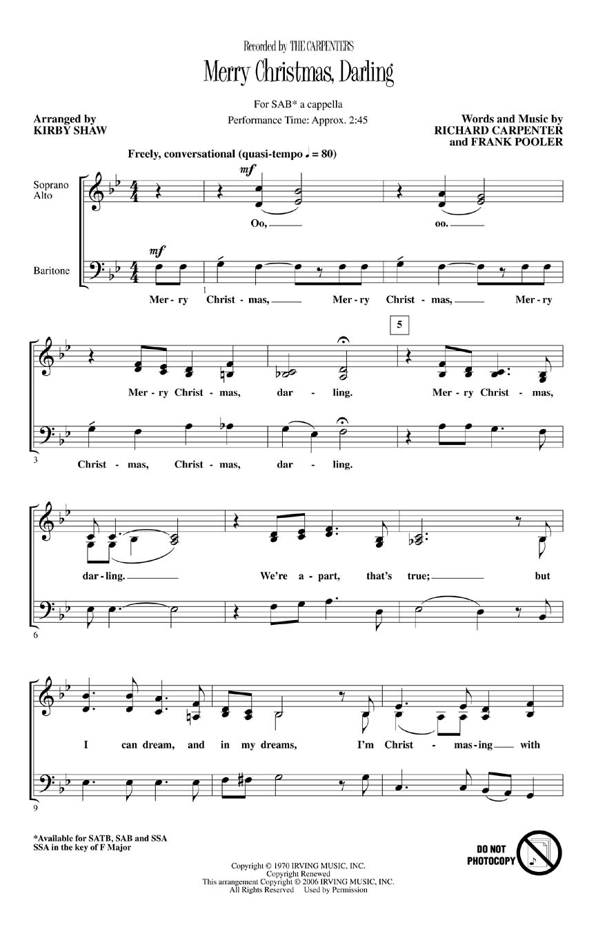 Merry Christmas  Darling: SAB: Vocal Score