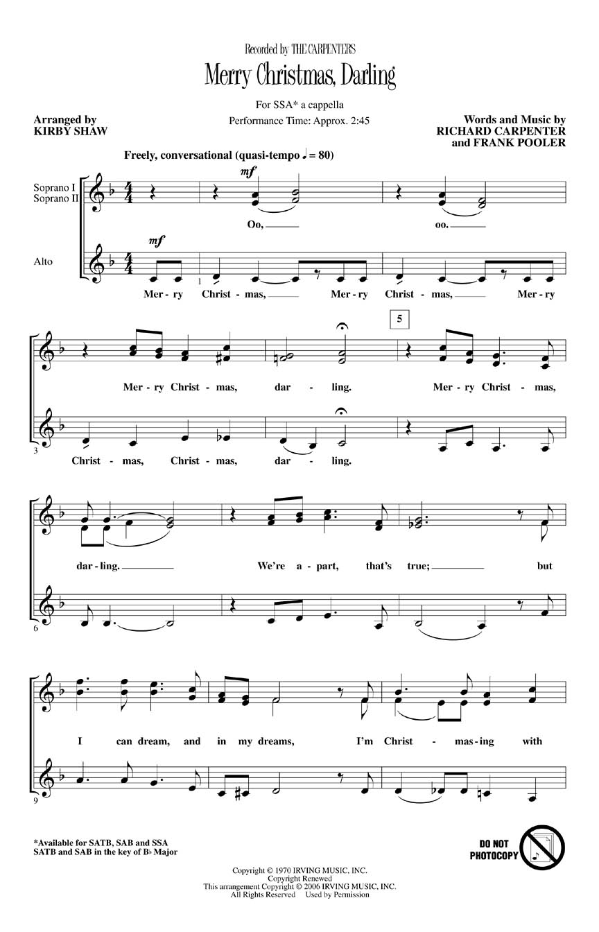 Merry Christmas  Darling: SSA: Vocal Score