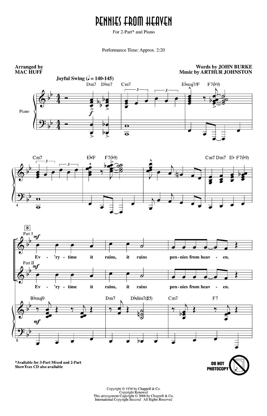 Arthur Johnston John Burke: Pennies from Heaven: 2-Part Choir: Vocal Score