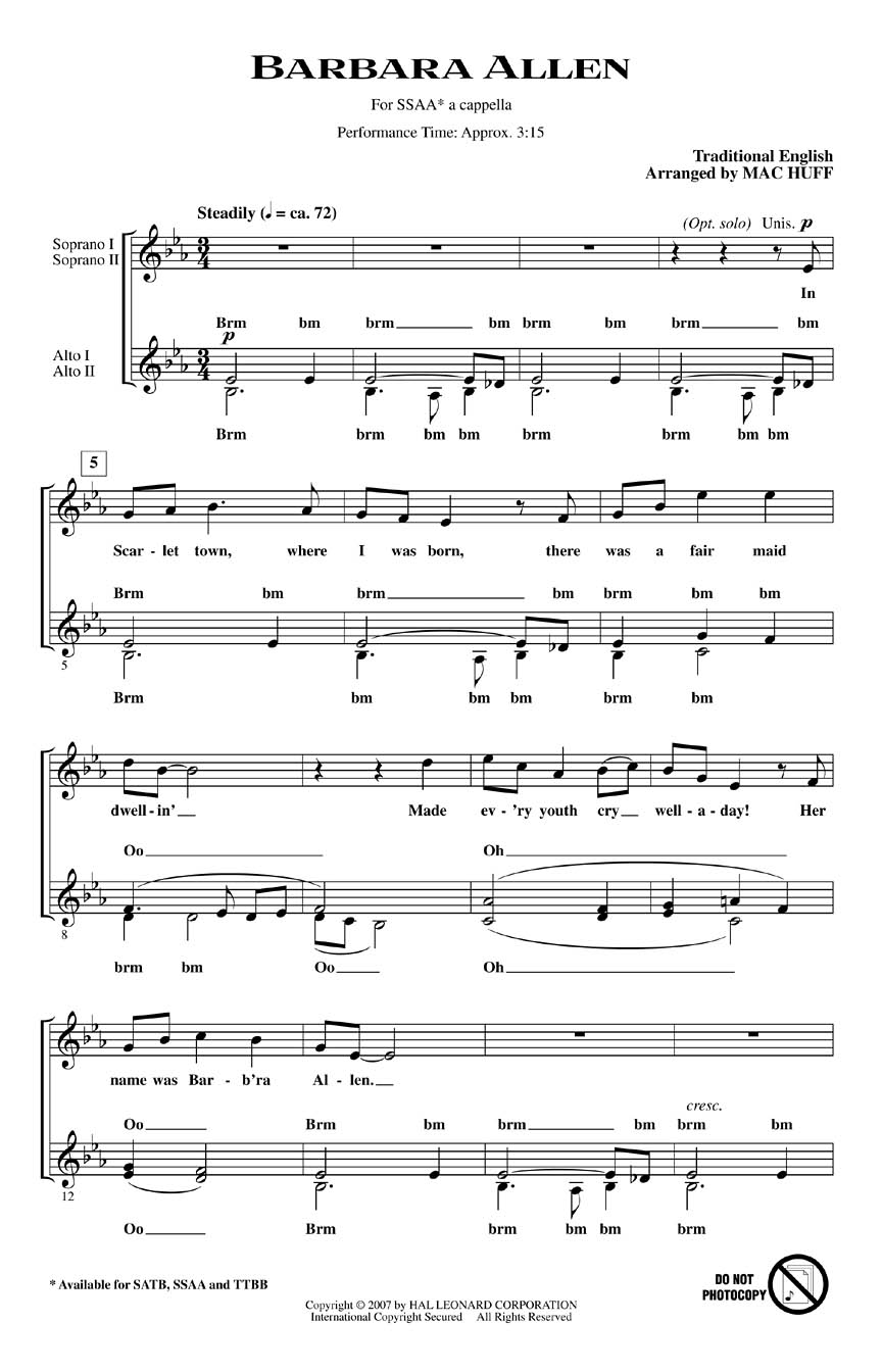 Traditional: Barbara Allen: SSAA: Vocal Score