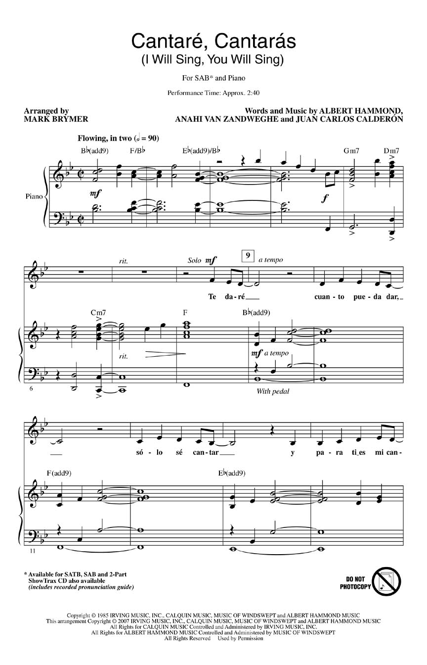 Albert Hammond: Cantare  Cantaras: SAB: Vocal Score