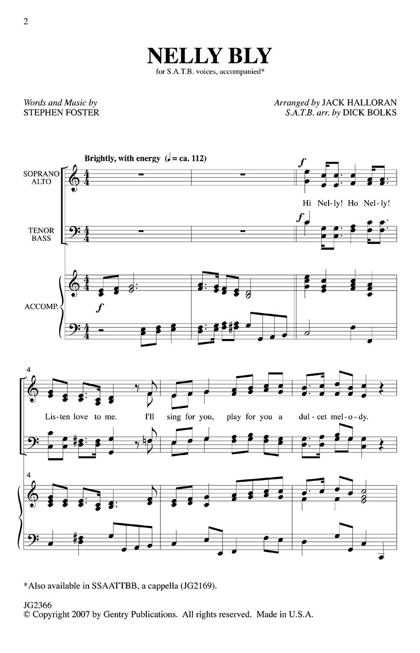 Stephen Foster: Nelly Bly: Mixed Choir: Vocal Score