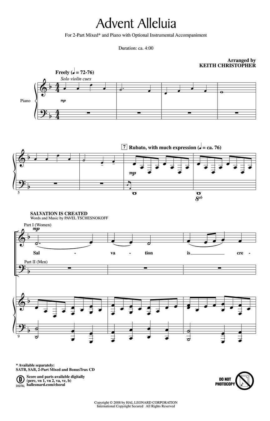 Pavel Chesnokov: Advent Alleluia: 2-Part Choir: Vocal Score