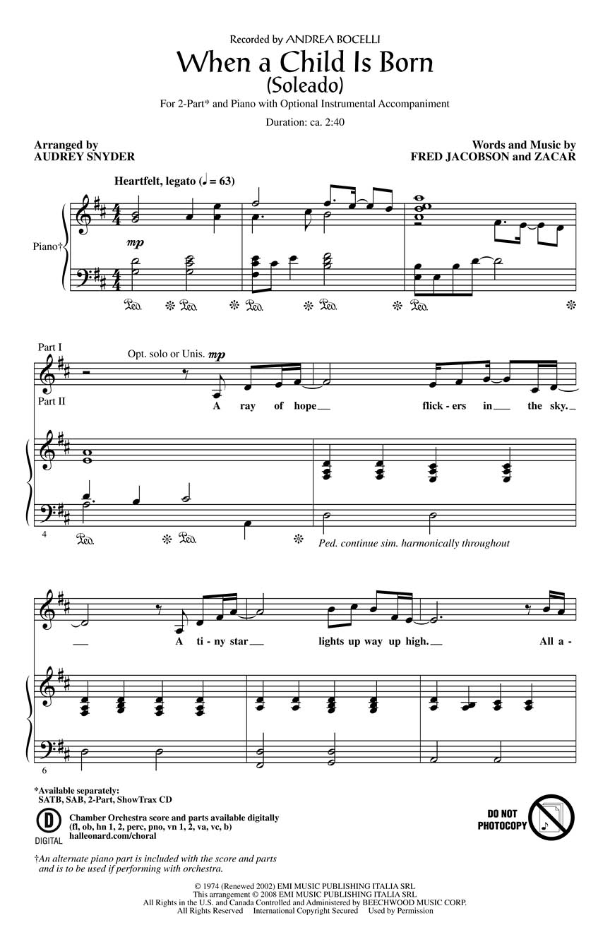Andrea Bocelli: When a Child Is Born (Soleado): 2-Part Choir: Vocal Score