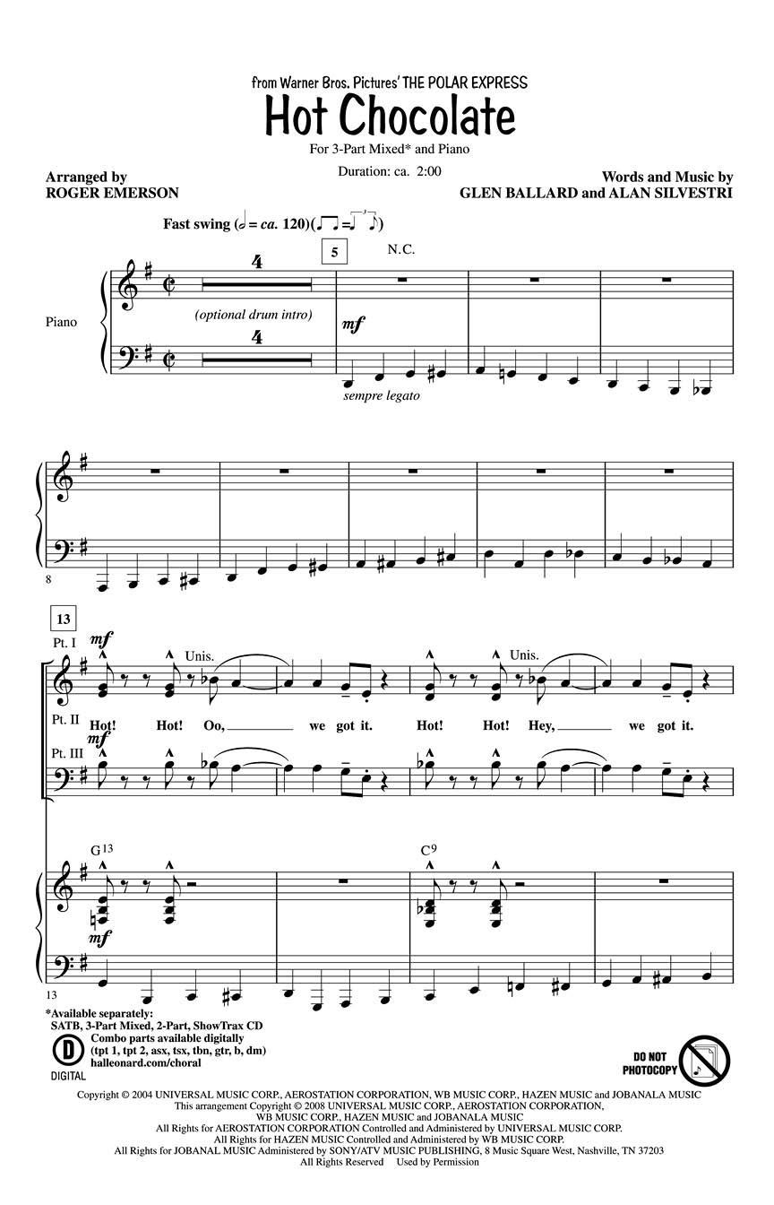 Hot Chocolate (from The Polar Express): 3-Part Choir: Vocal Score