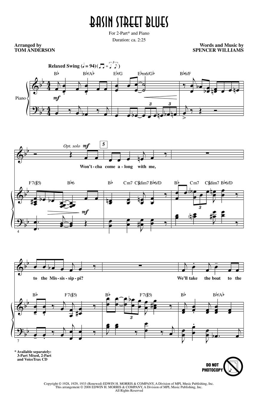 Spencer Williams: Basin Street Blues: 2-Part Choir: Vocal Score