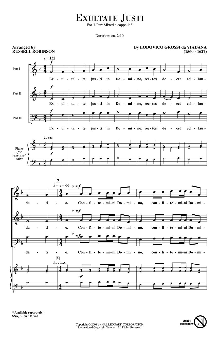 Exultate Justi: 3-Part Choir: Vocal Score