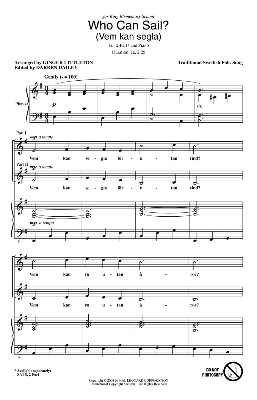 Who Can Sail?: 2-Part Choir: Vocal Score