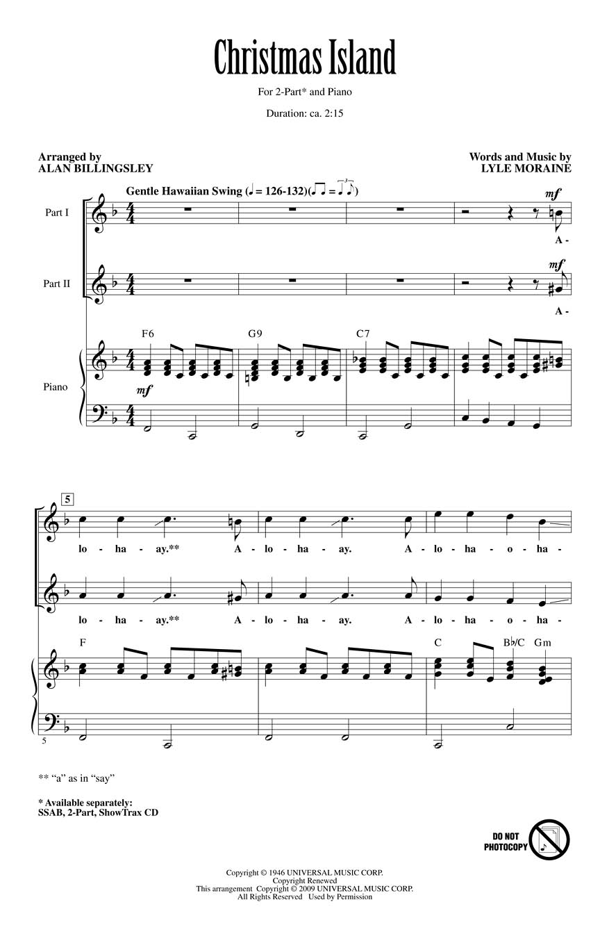 Lyle Moraine: Christmas Island: 2-Part Choir: Vocal Score