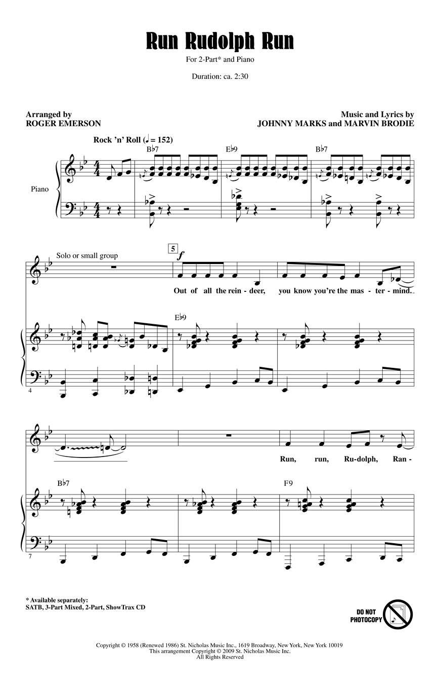 Johnny Marks Marvin Brodie: Run Rudolph Run: 2-Part Choir: Vocal Score