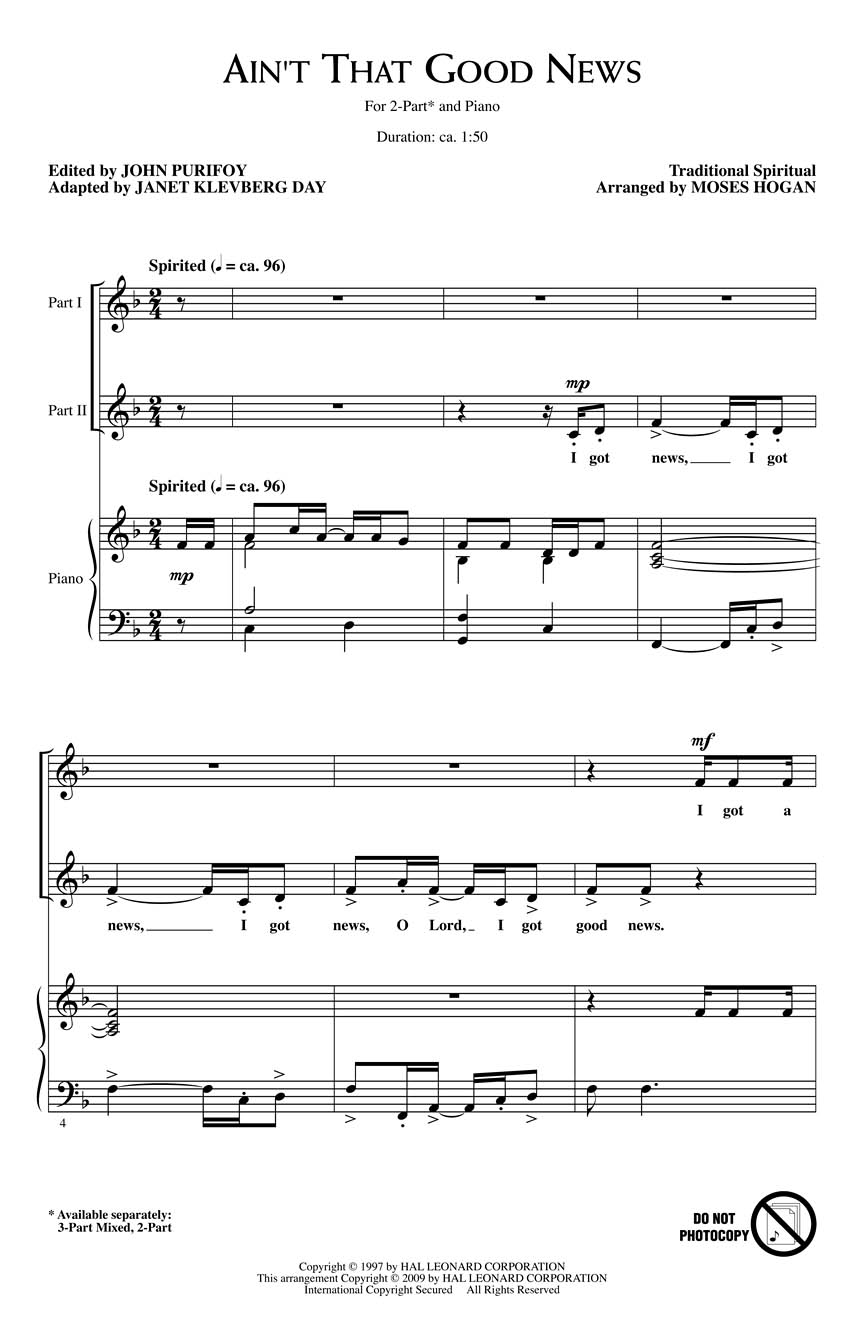 Ain't That Good News: 2-Part Choir: Vocal Score
