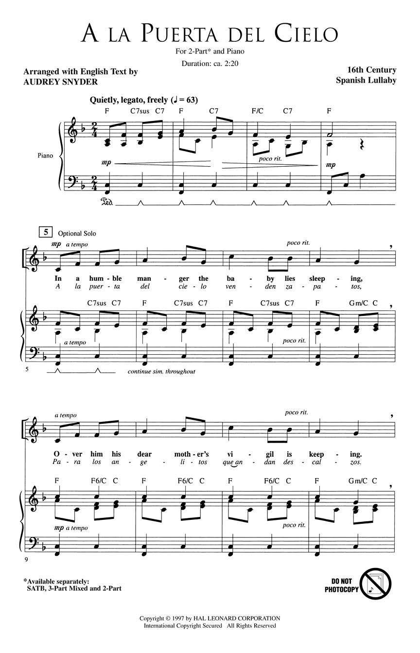 A la Puerta del Cielo: 2-Part Choir: Vocal Score