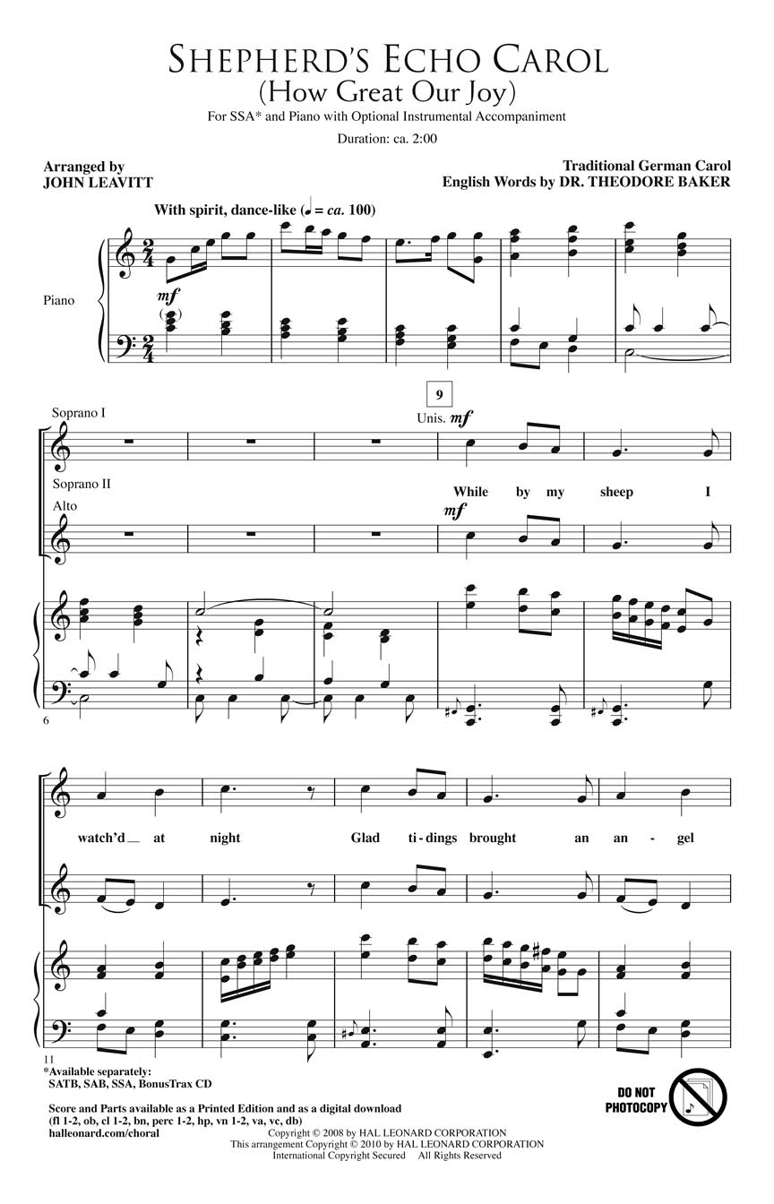 Shepherd's Echo Carol: SSA: Vocal Score