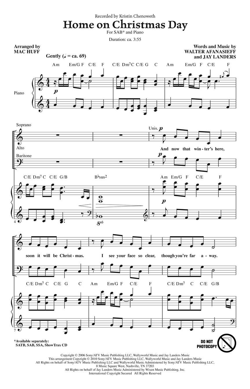 Kristin Chenoweth: Home on Christmas Day: SAB: Vocal Score