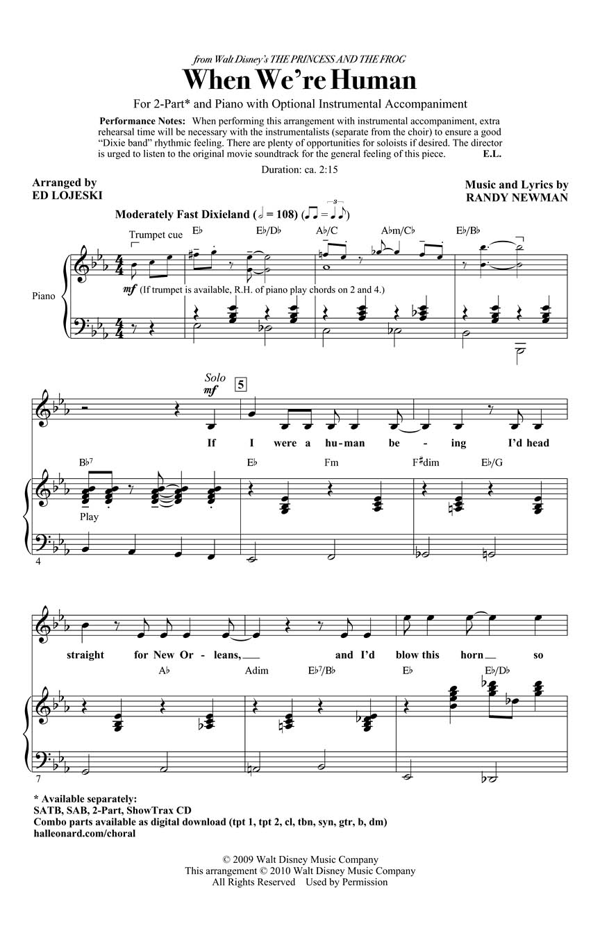 Randy Newman: When We're Human: 2-Part Choir: Vocal Score