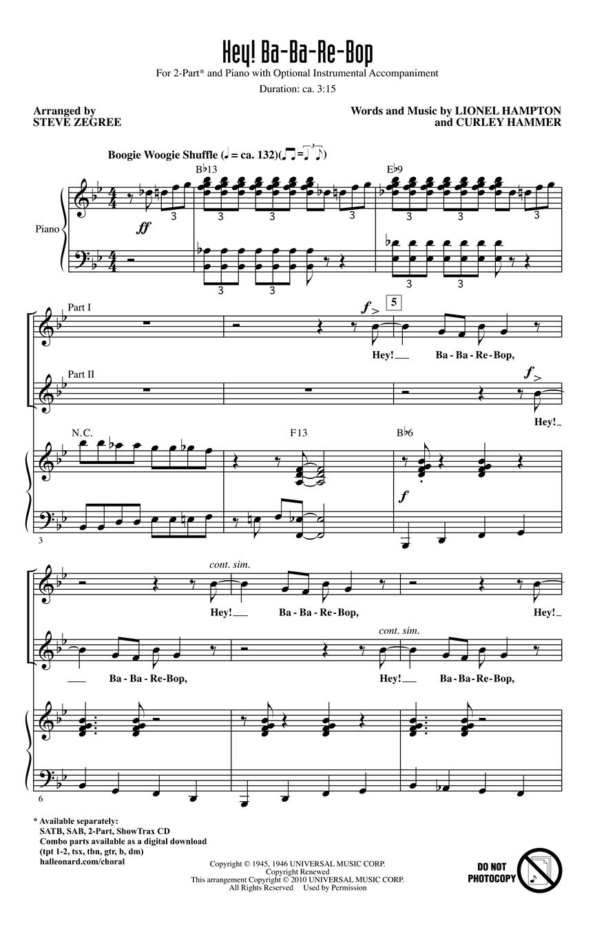 Lionel Hampton: Hey! Ba-ba-re-bop: 2-Part Choir: Vocal Score