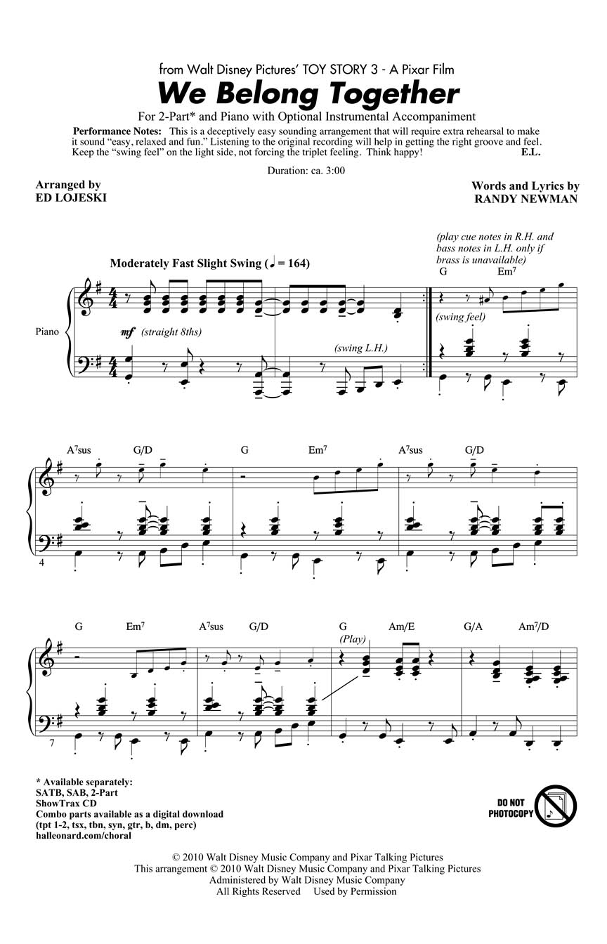 Randy Newman: We Belong Together: 2-Part Choir: Vocal Score