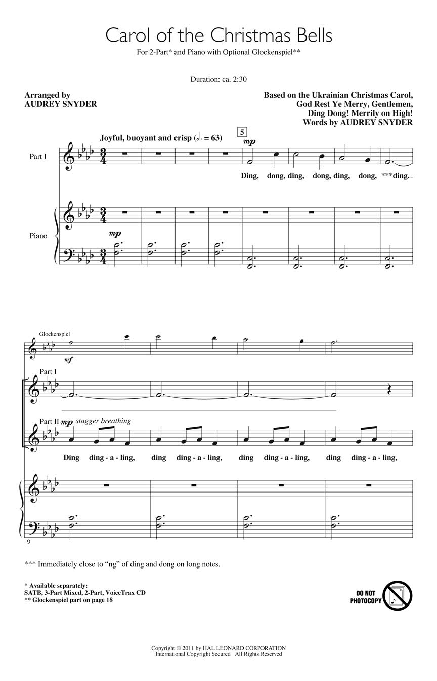 Carol of the Christmas Bells: 2-Part Choir: Vocal Score