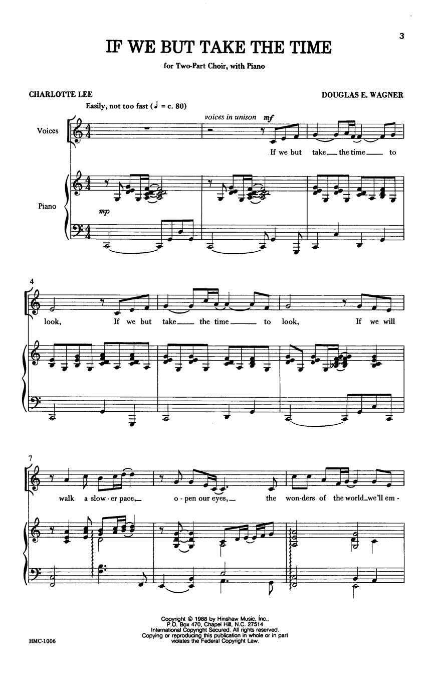 Douglas E. Wagner: If We But Take The Time: 2-Part Choir: Vocal Score