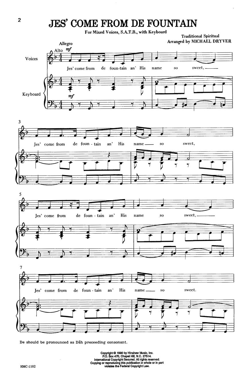 Jes' Come from de Fountain: SATB: Vocal Score