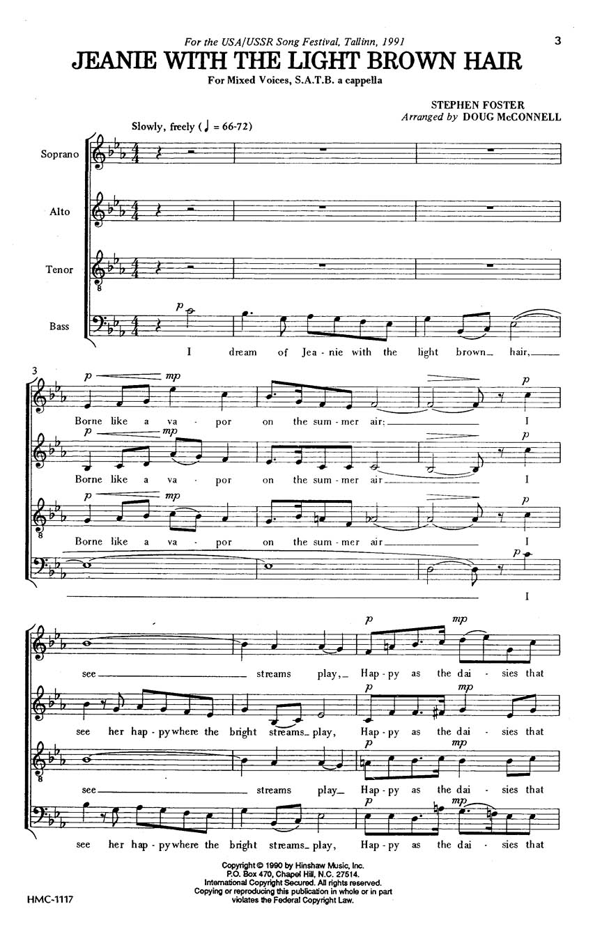Stephen Foster: Jeanie with the Light Brown Hair: SATB: Vocal Score