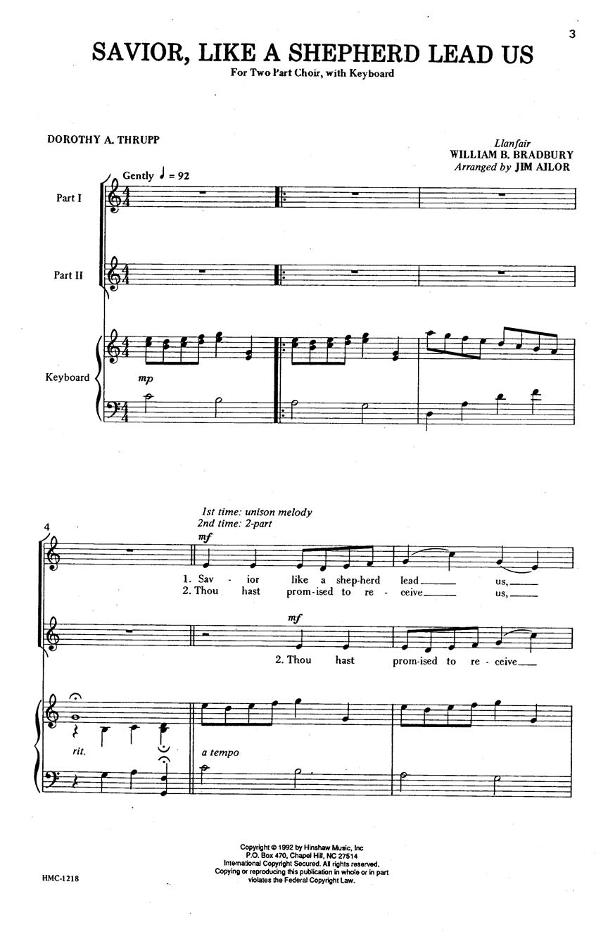 William B. Bradbury: Savior  Like a Shepherd Lead Us: 2-Part Choir: Vocal Score