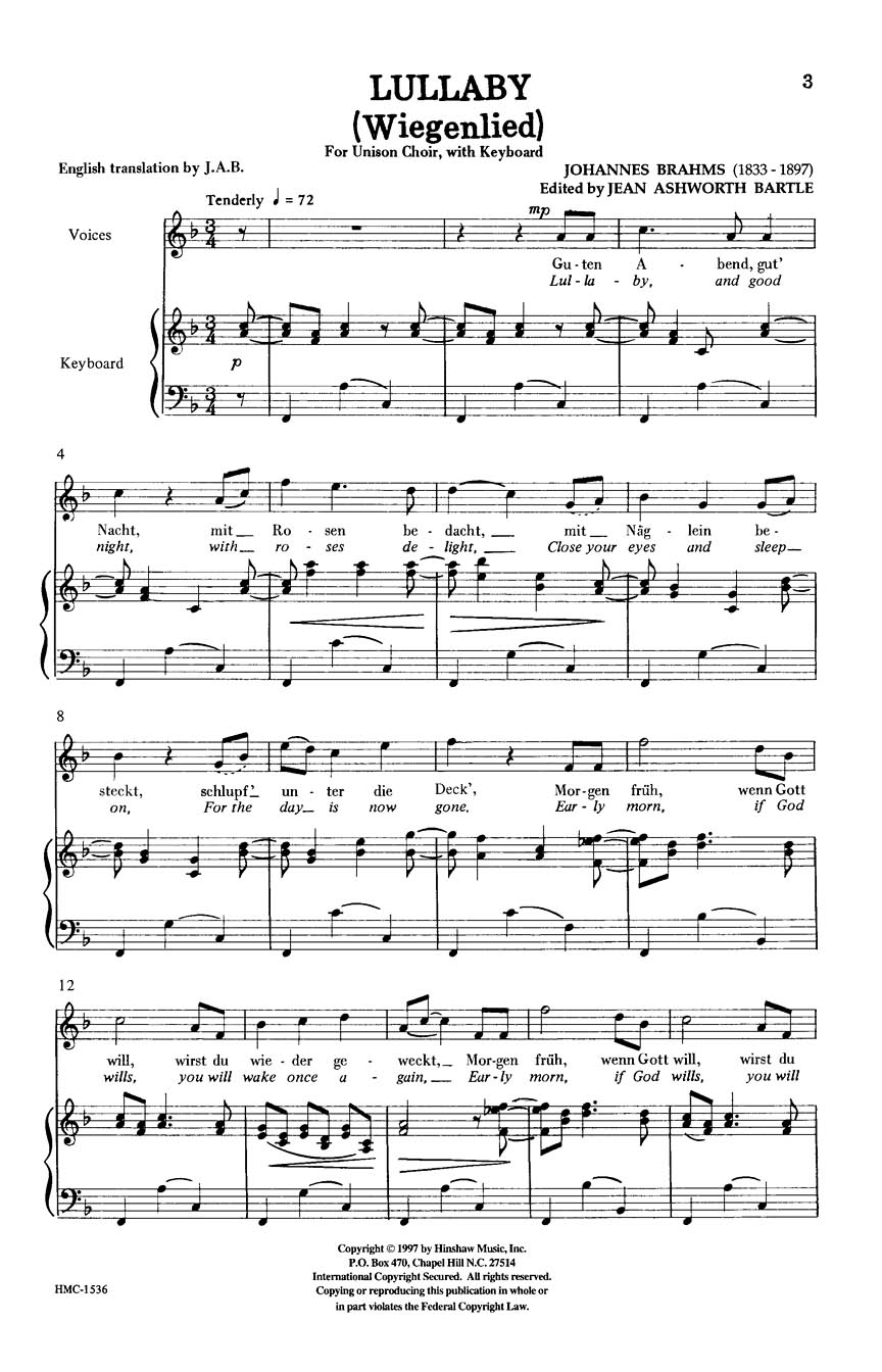 Johannes Brahms: Lullaby (wiegenlied): Unison Voices: Vocal Score