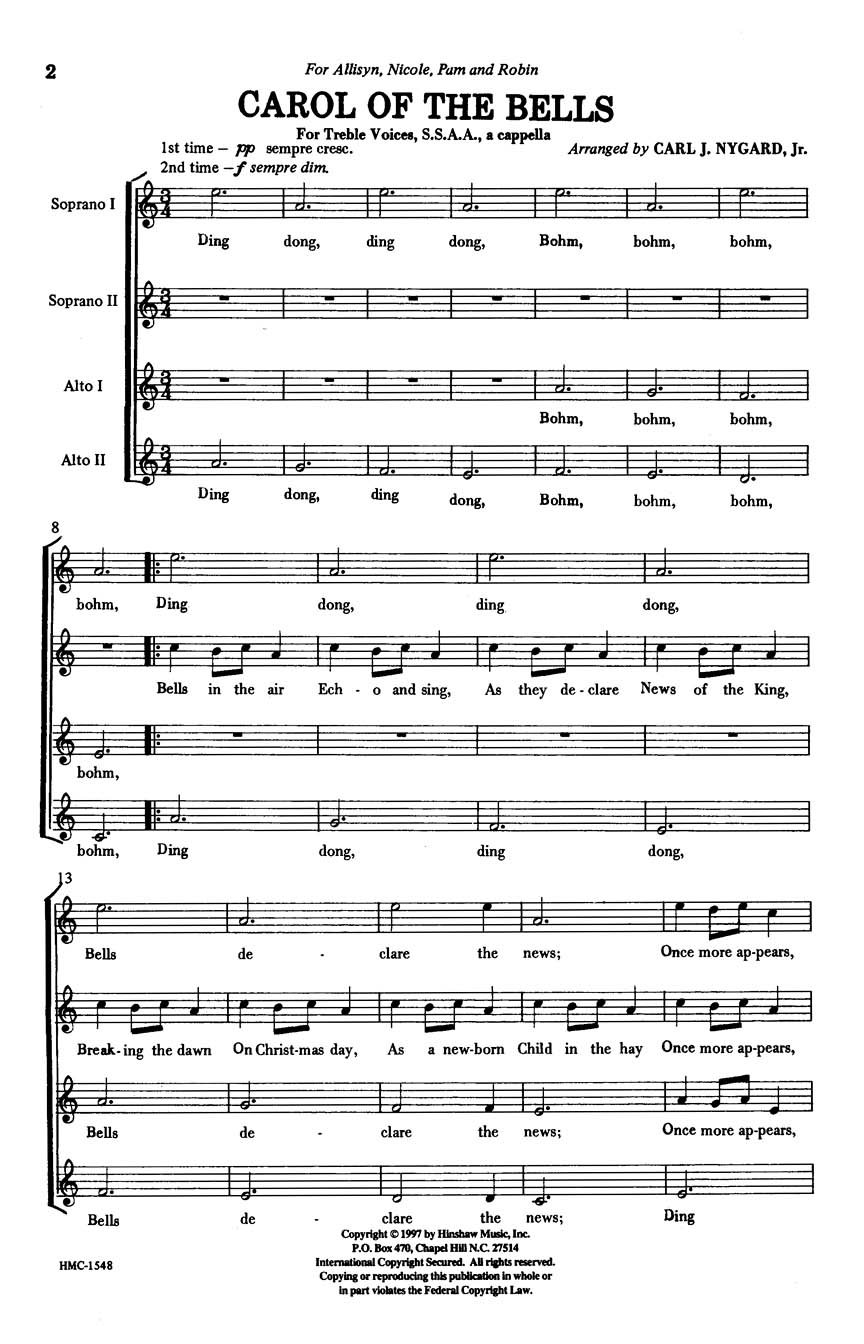 Carol of the Bells: SSAA: Vocal Score