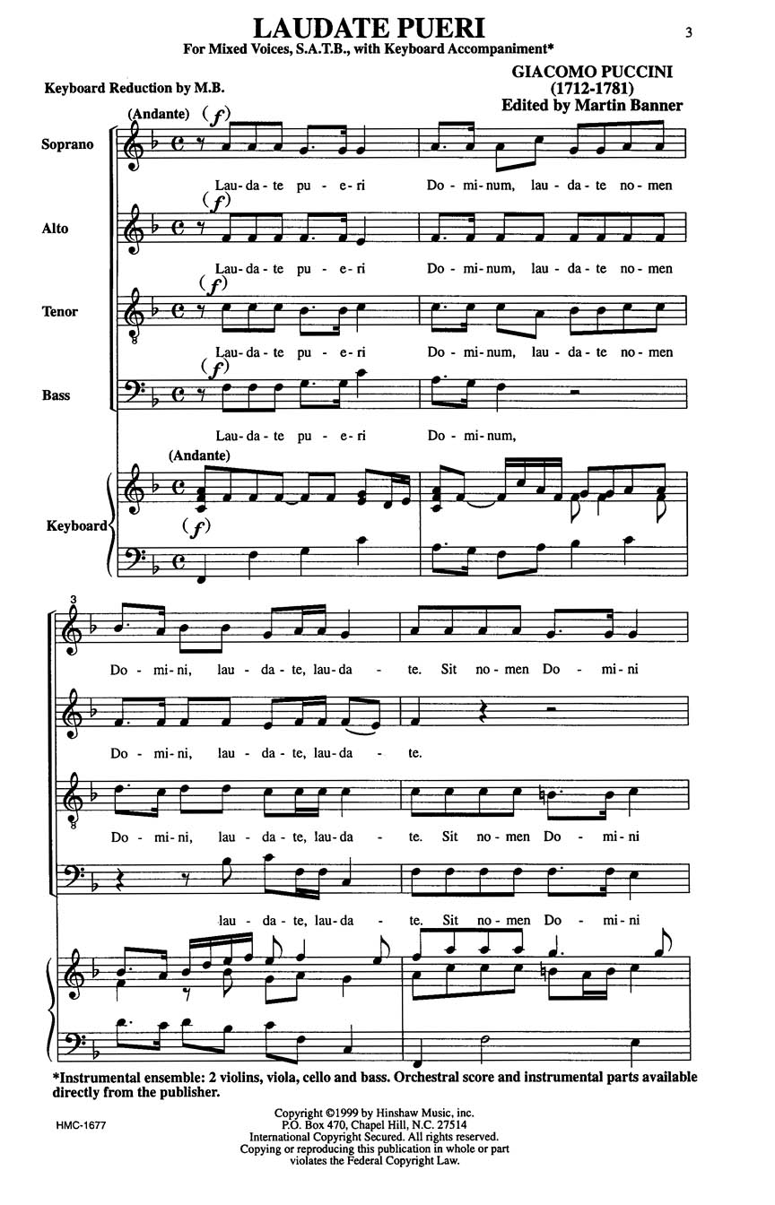 Giacomo Puccini: Laudate Pueri: SATB: Vocal Score