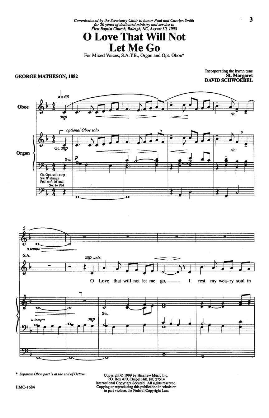 David Schwoebel: O Love That Will Not Let Me Go: SATB: Vocal Score