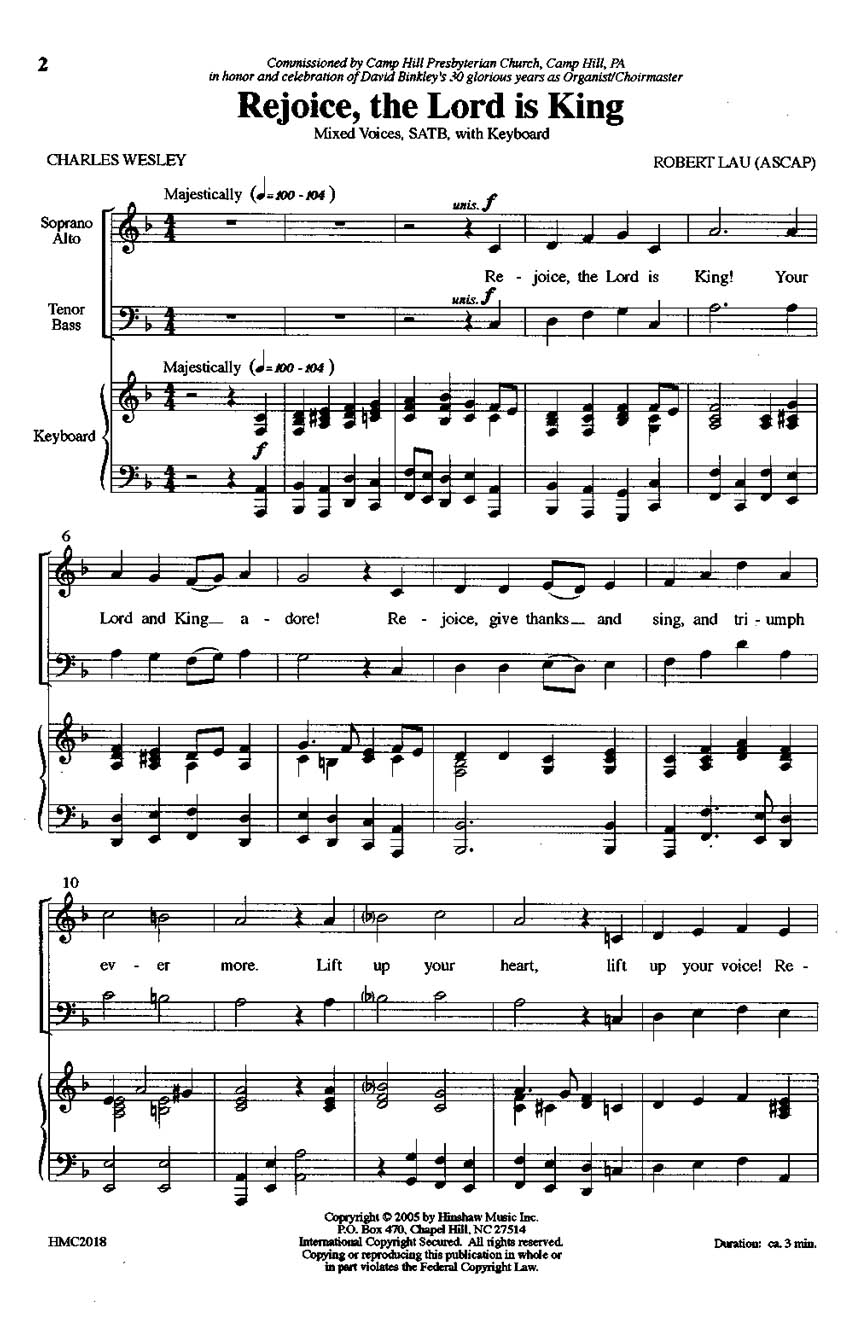Robert Lau: Rejoice  the Lord Is King: SATB: Vocal Score