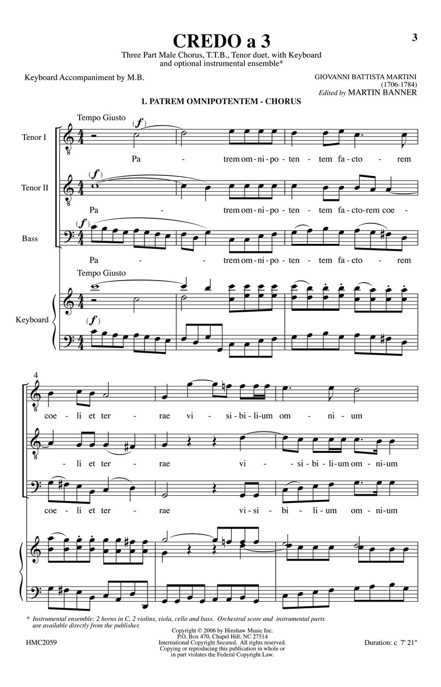 Giovanni Battista Martini: Credo A 3: TTB: Vocal Score