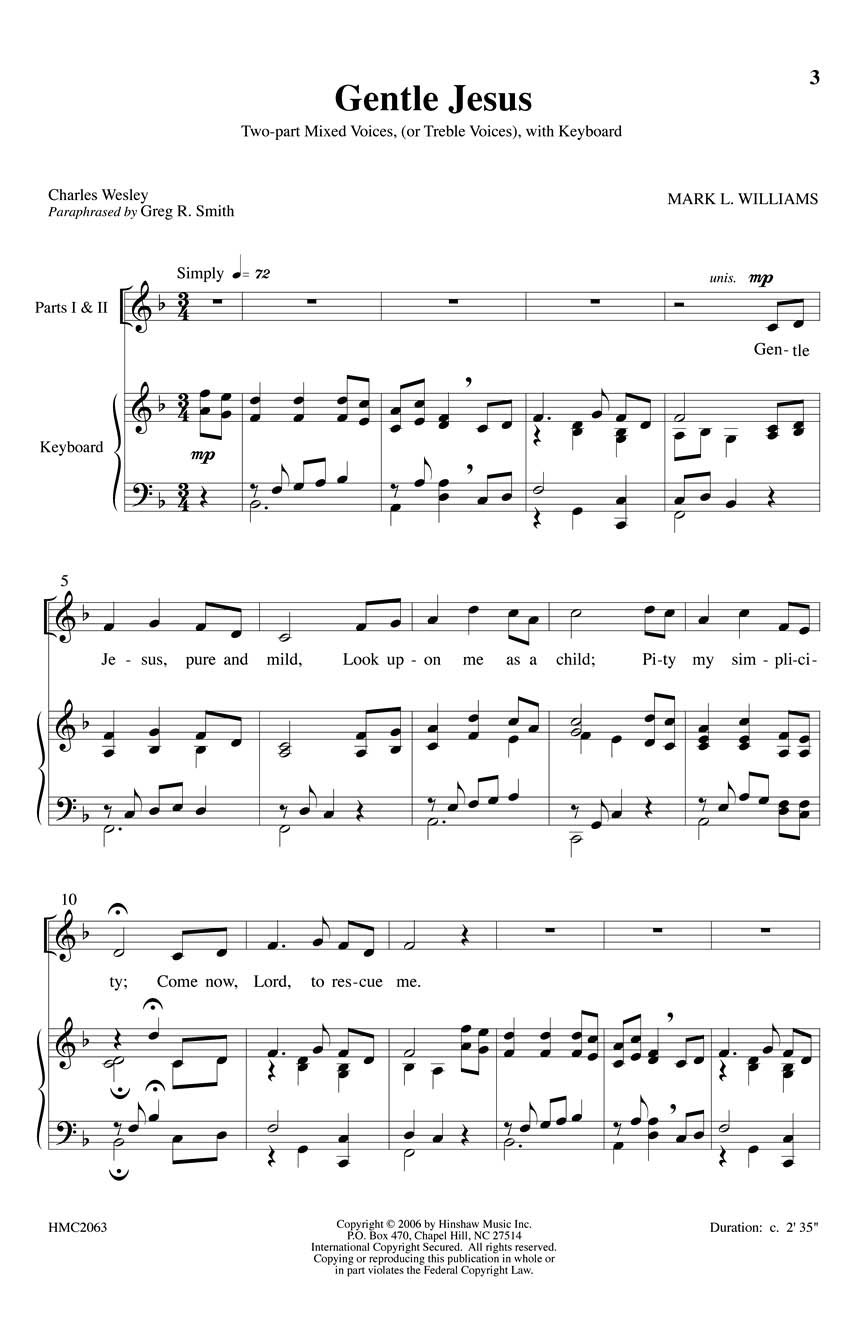 Mark L. Williams: Gentle Jesus: 2-Part Choir: Vocal Score