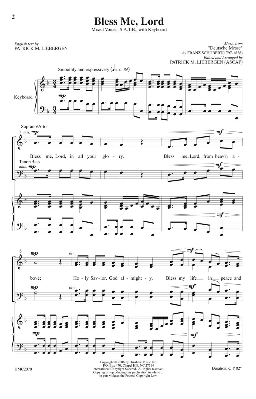 Franz Schubert: Bless Me  Lord: SATB: Vocal Score