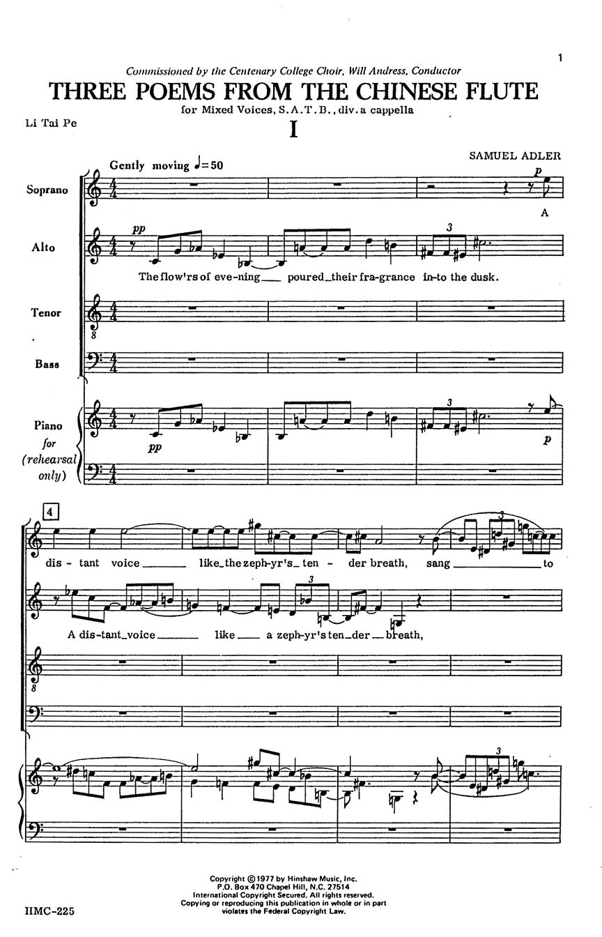 Samuel Adler: Three Poems From The Chinese Flute: SATB: Vocal Score