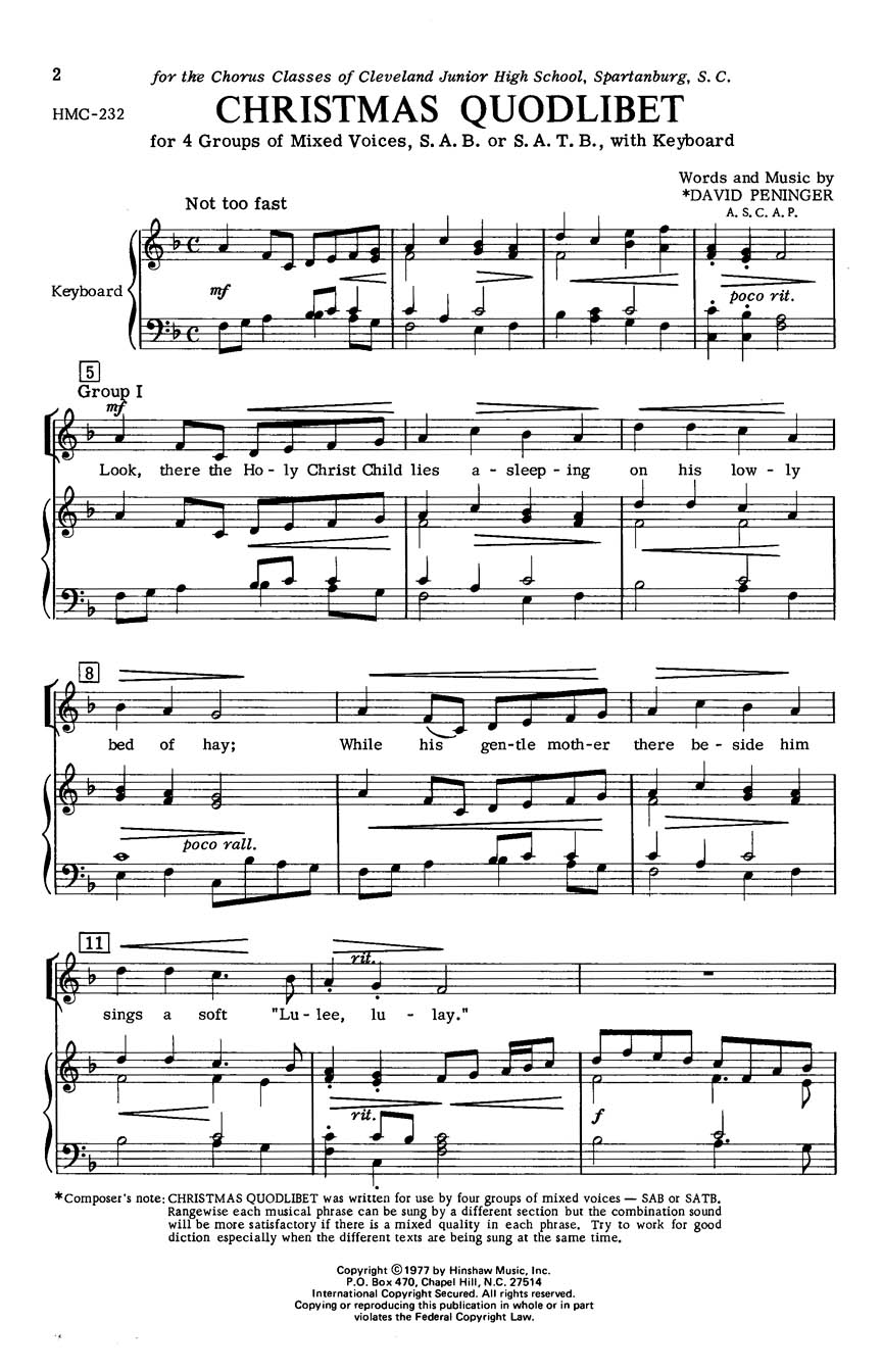 David Peninger: Christmas Quodlibet: SAB: Vocal Score