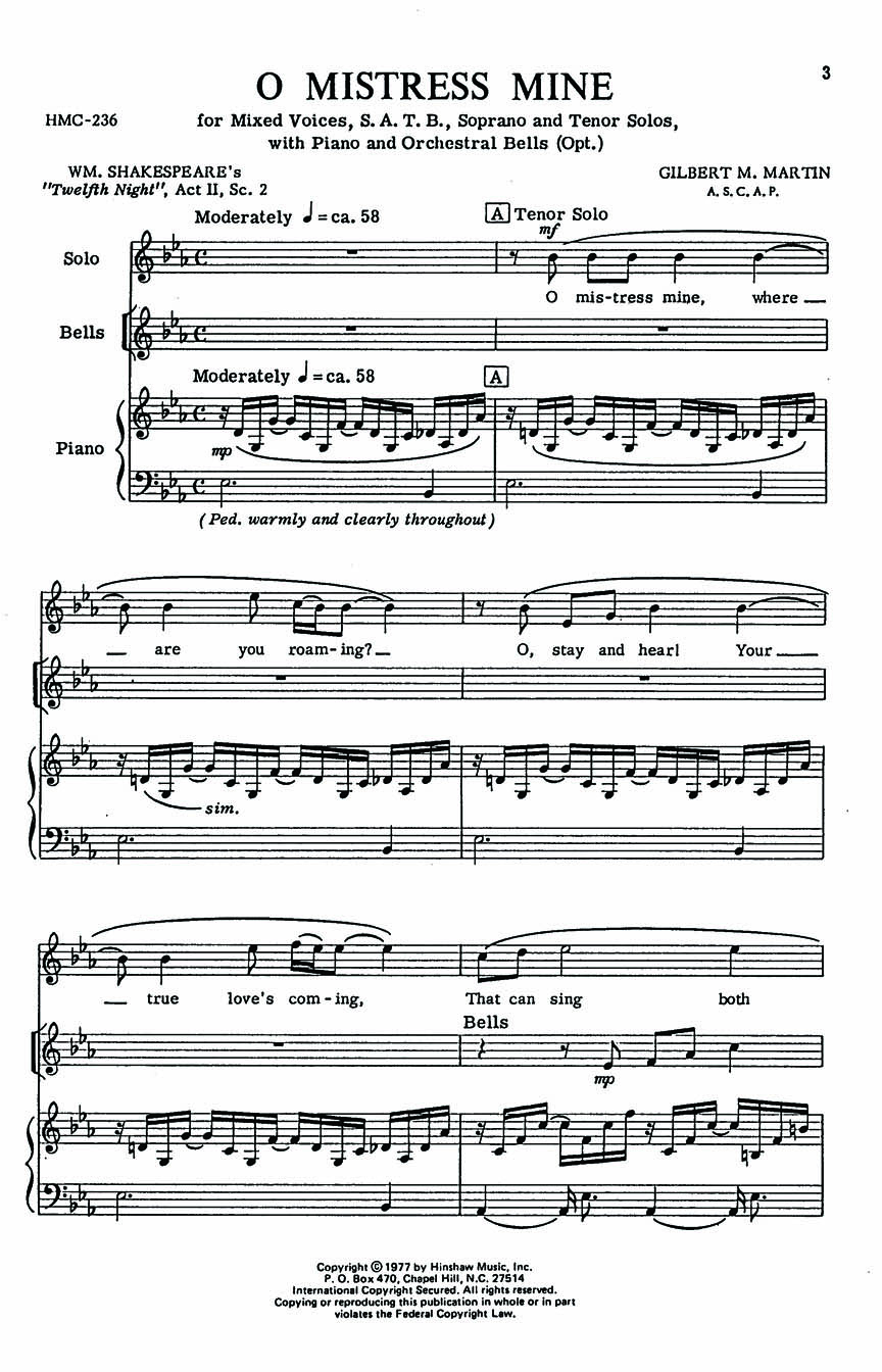 Gilbert M. Martin: O Mistress Mine: SATB: Vocal Score