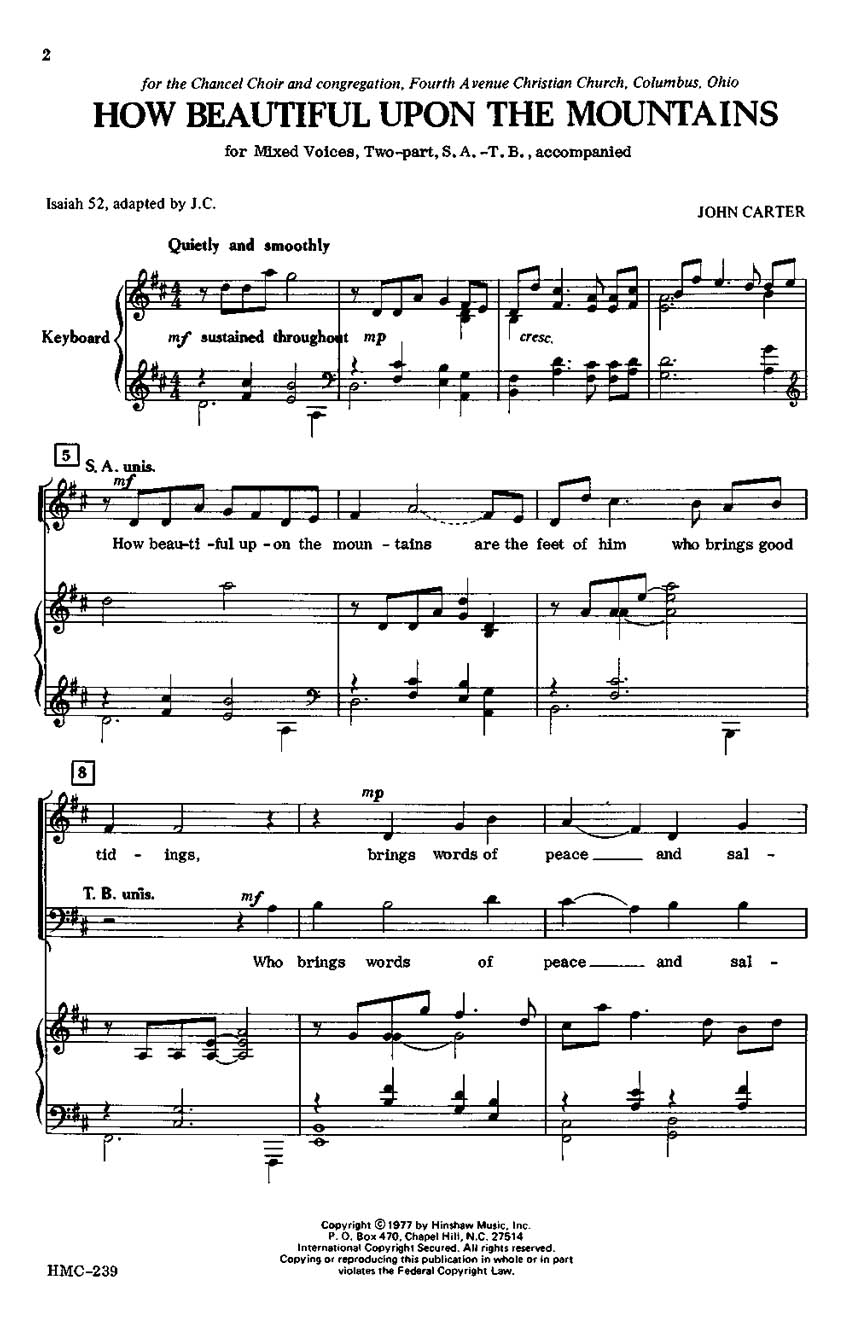 John Carter: How Beautiful upon the Mountains: 2-Part Choir: Vocal Score