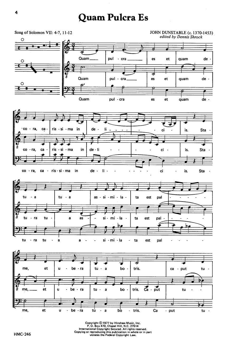 John Dunstable: Quam Pulcra Es: 2-Part Choir: Vocal Score