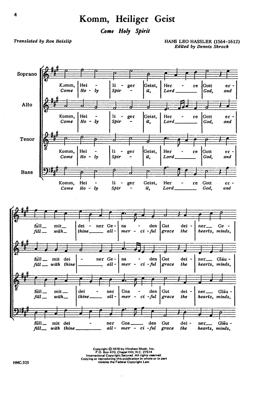 Hans Leo Hassler: Come Holy Spirit (Komm  Heiliger Geist): SATB: Vocal Score