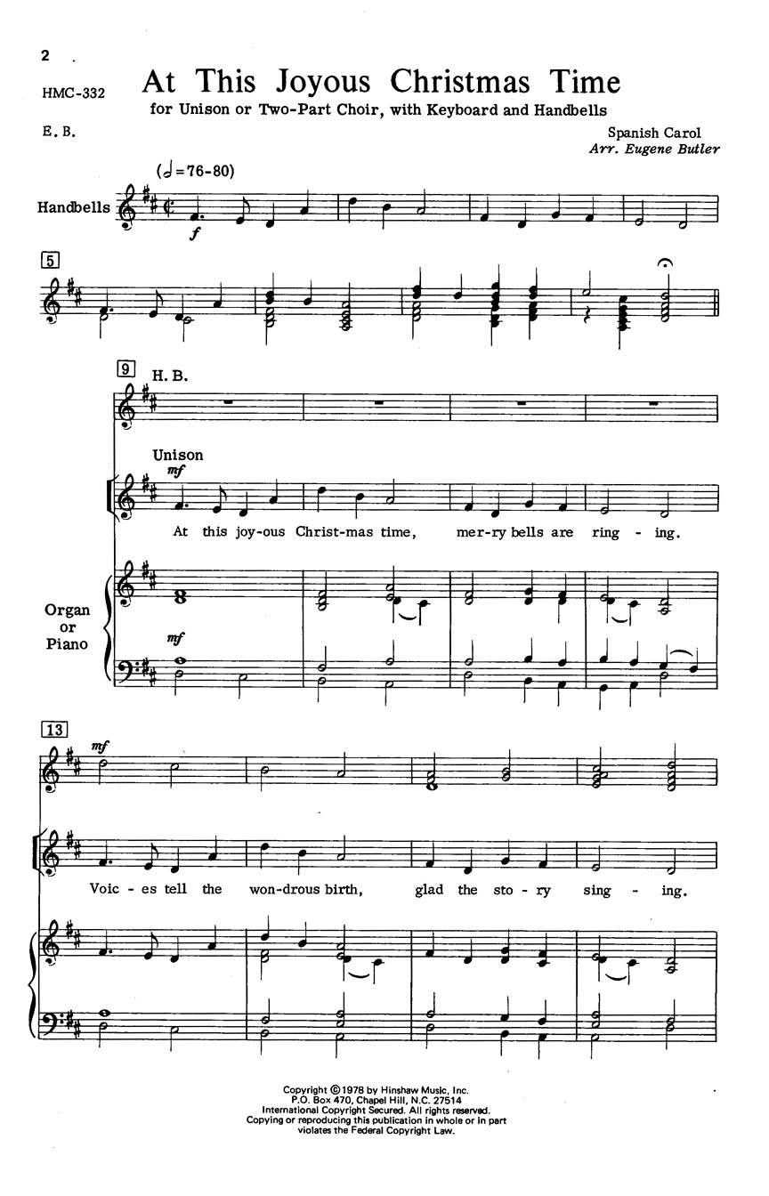 At This Joyous Christmas Time: Unison or 2-Part Choir: Vocal Score