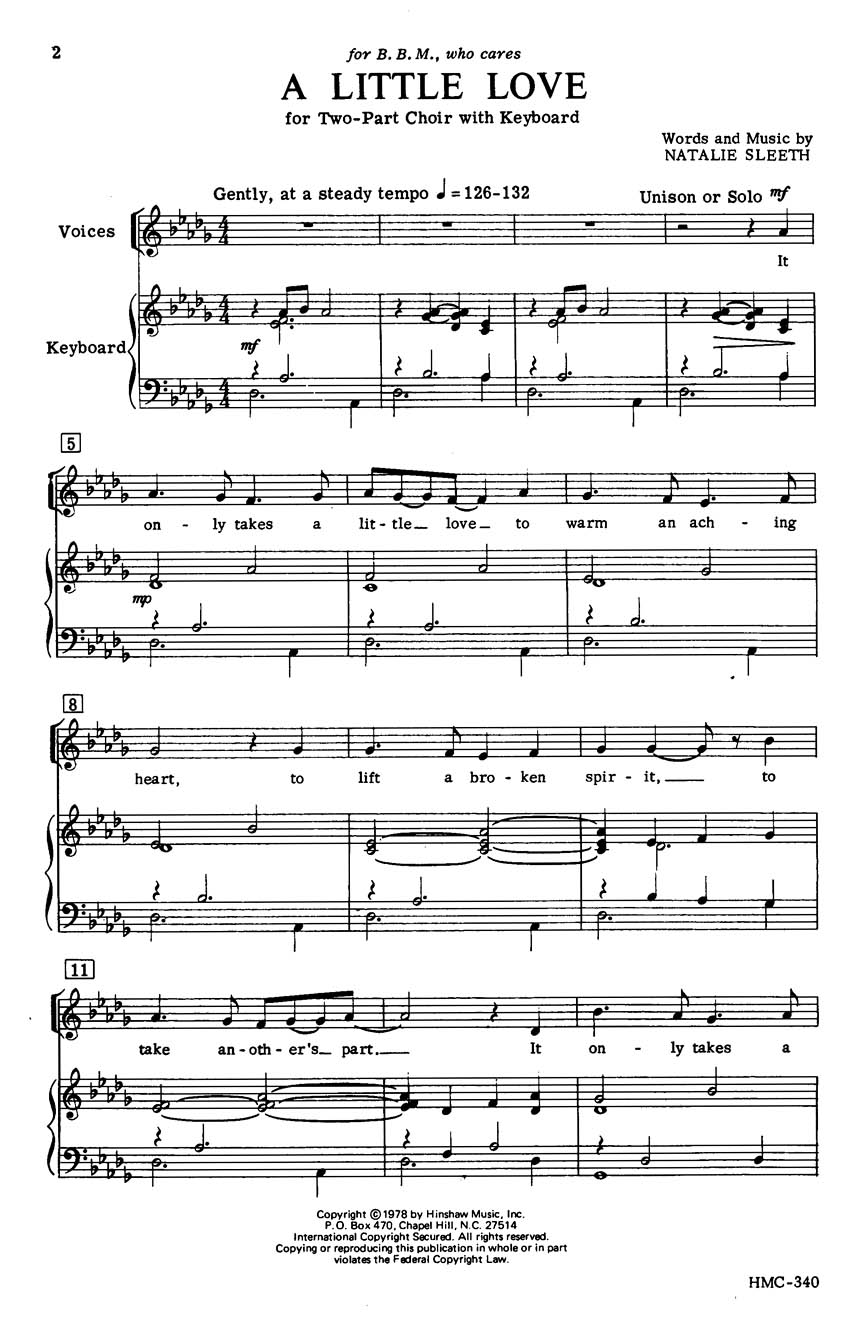 Natalie Sleeth: A Little Love: 2-Part Choir: Vocal Score