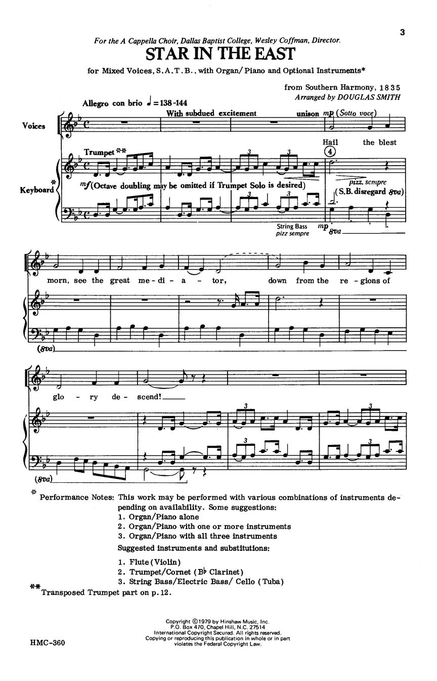 Star In The East (from Southern Harmony  1835): SATB: Vocal Score