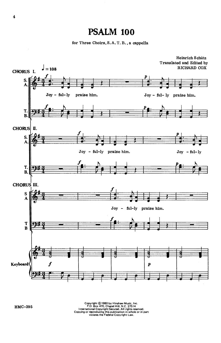 Heinrich Schtz: Psalm 100: SATB: Vocal Score